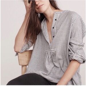 Madewell Plaid Popover Blouse M Black White Cotton Blend Peasant Flowy Boho